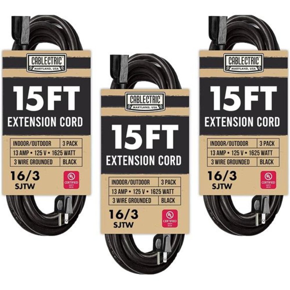 3 Pack Weatherproof Black Extension Cord 15 ft, 16/3 SJTW 15 Foot Outdoor